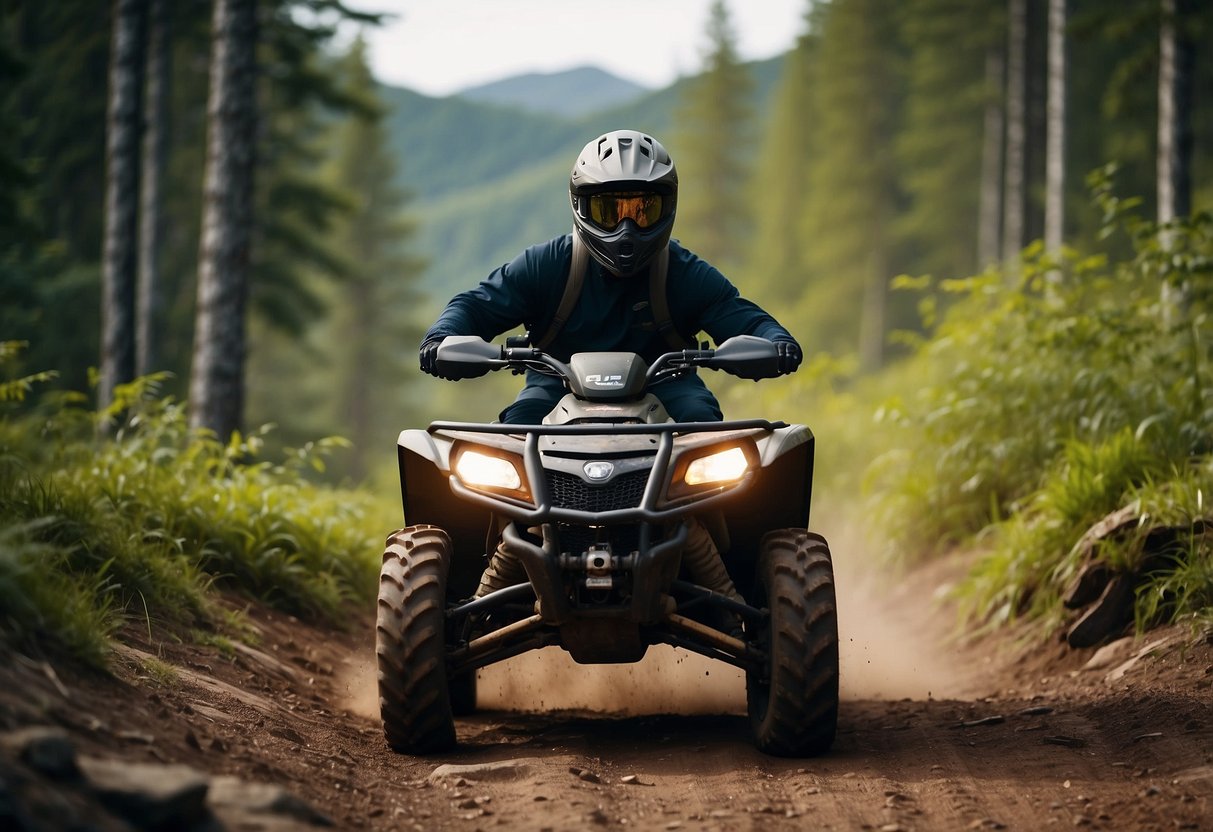 An ATV navigating a trail with proper safety techniques