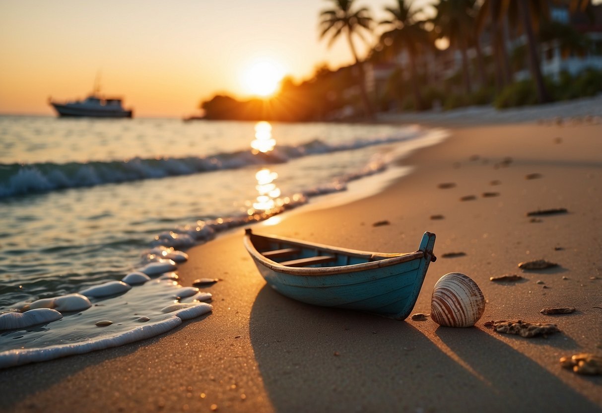 A serene beach with gentle waves, palm trees, seashells, and a small boat. The sun is setting, casting a warm glow over the scene