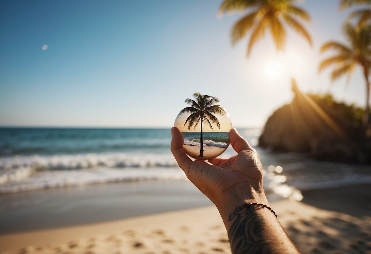 A serene beach scene with a small tattoo being placed on a sun-kissed shoulder. Waves gently crash in the background as a palm tree sways in the breeze