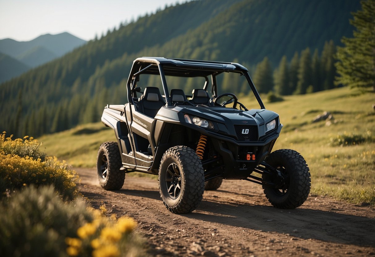 A UTV parked in a scenic outdoor setting, equipped with safety harnesses, comfortable seating, and entertainment system