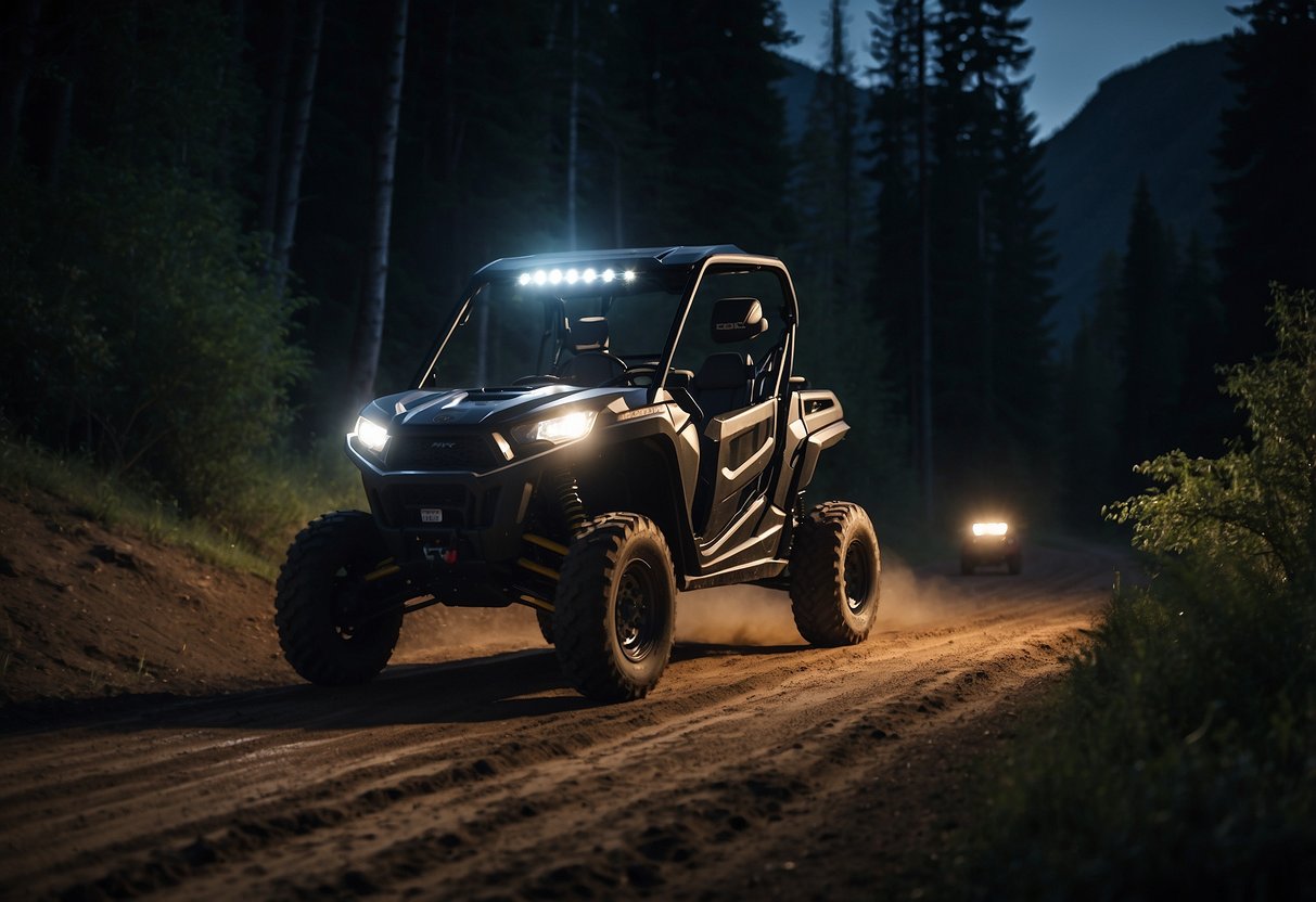 A UTV is driving through a dark trail, illuminated by powerful headlights. The beams cut through the darkness, highlighting the rugged terrain ahead