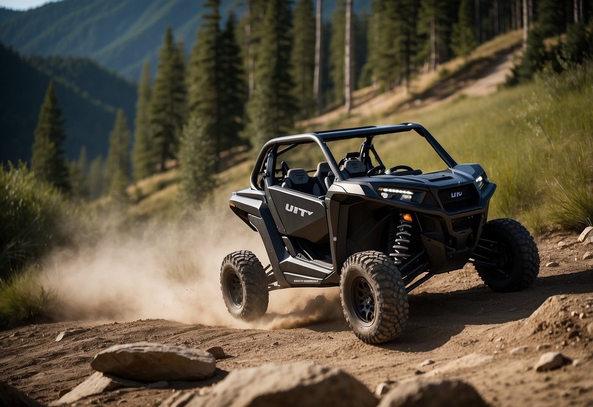 A UTV with attached Bluetooth speakers plays music in rough terrain