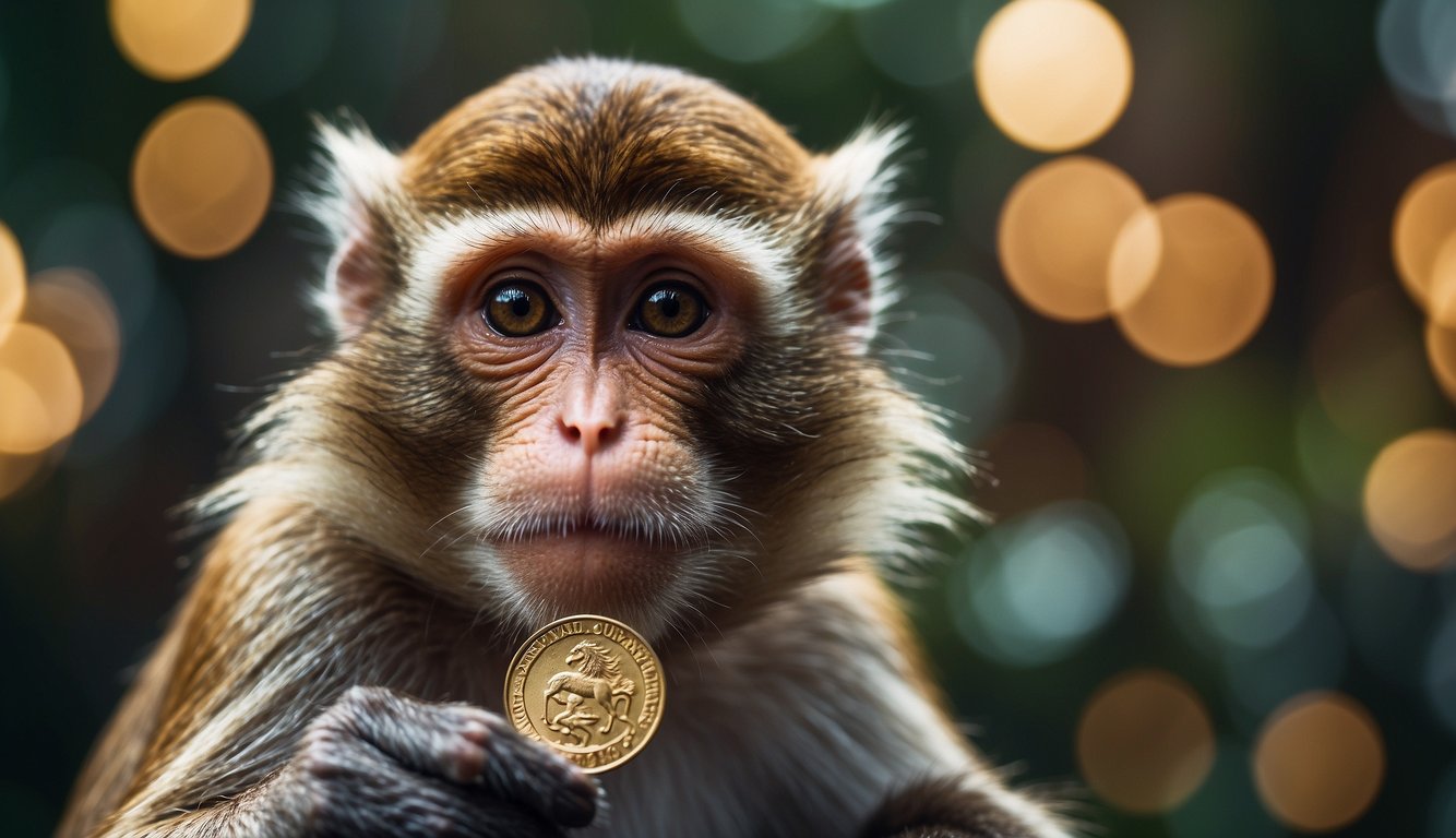 A monkey holding a coin, curious expression on its face