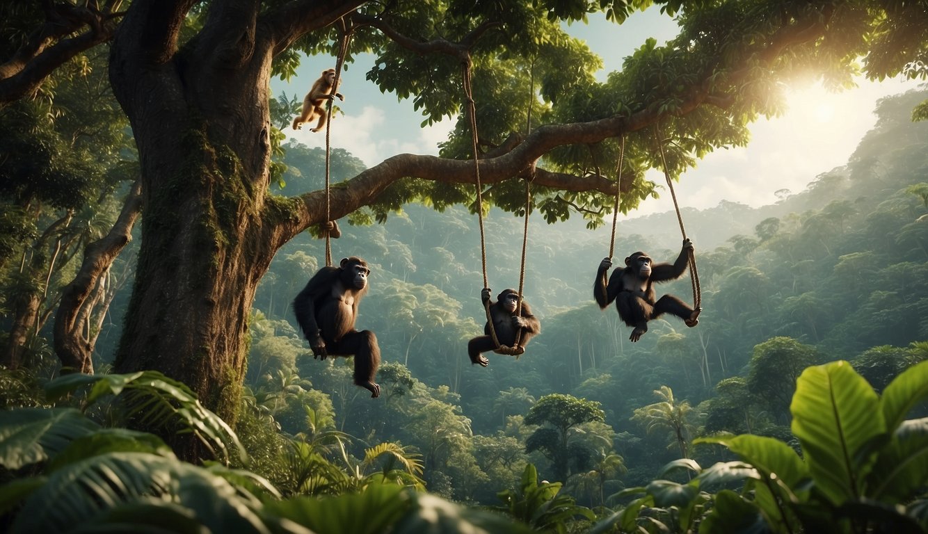 A jungle scene with apes swinging from tree to tree, surrounded by lush greenery and vibrant wildlife