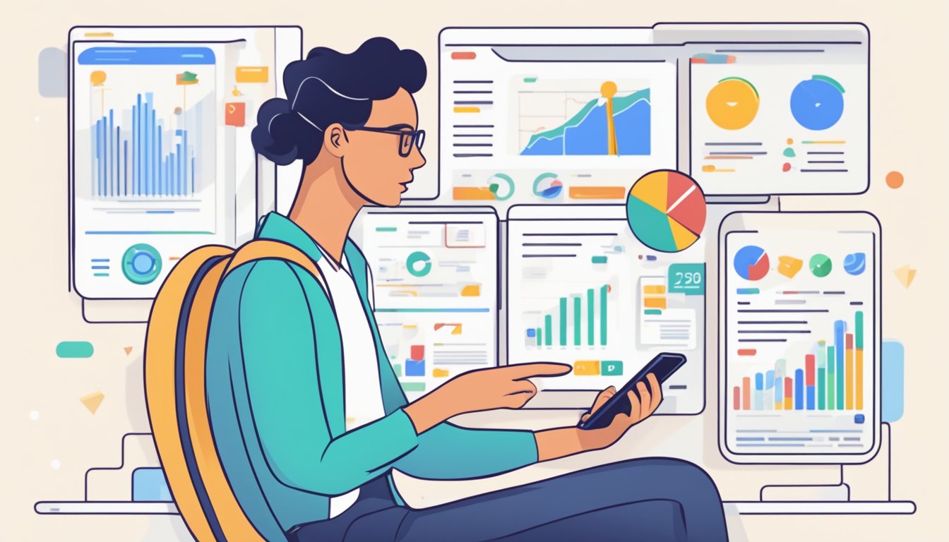 A person using a smartphone to manage Google Ads, with various ad campaigns and performance metrics displayed on the screen