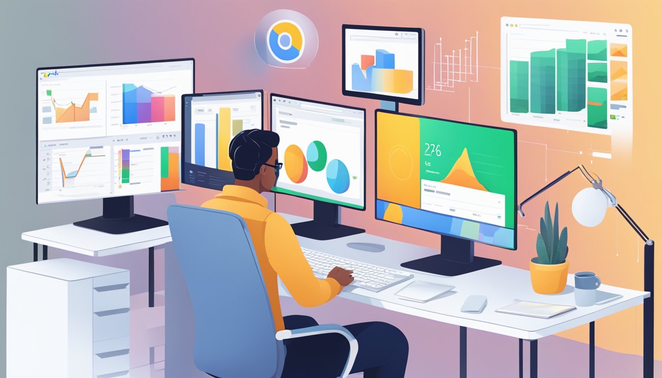 A person sitting at a desk, looking at a computer screen with the Google Ads Manager interface open, analyzing data and making adjustments