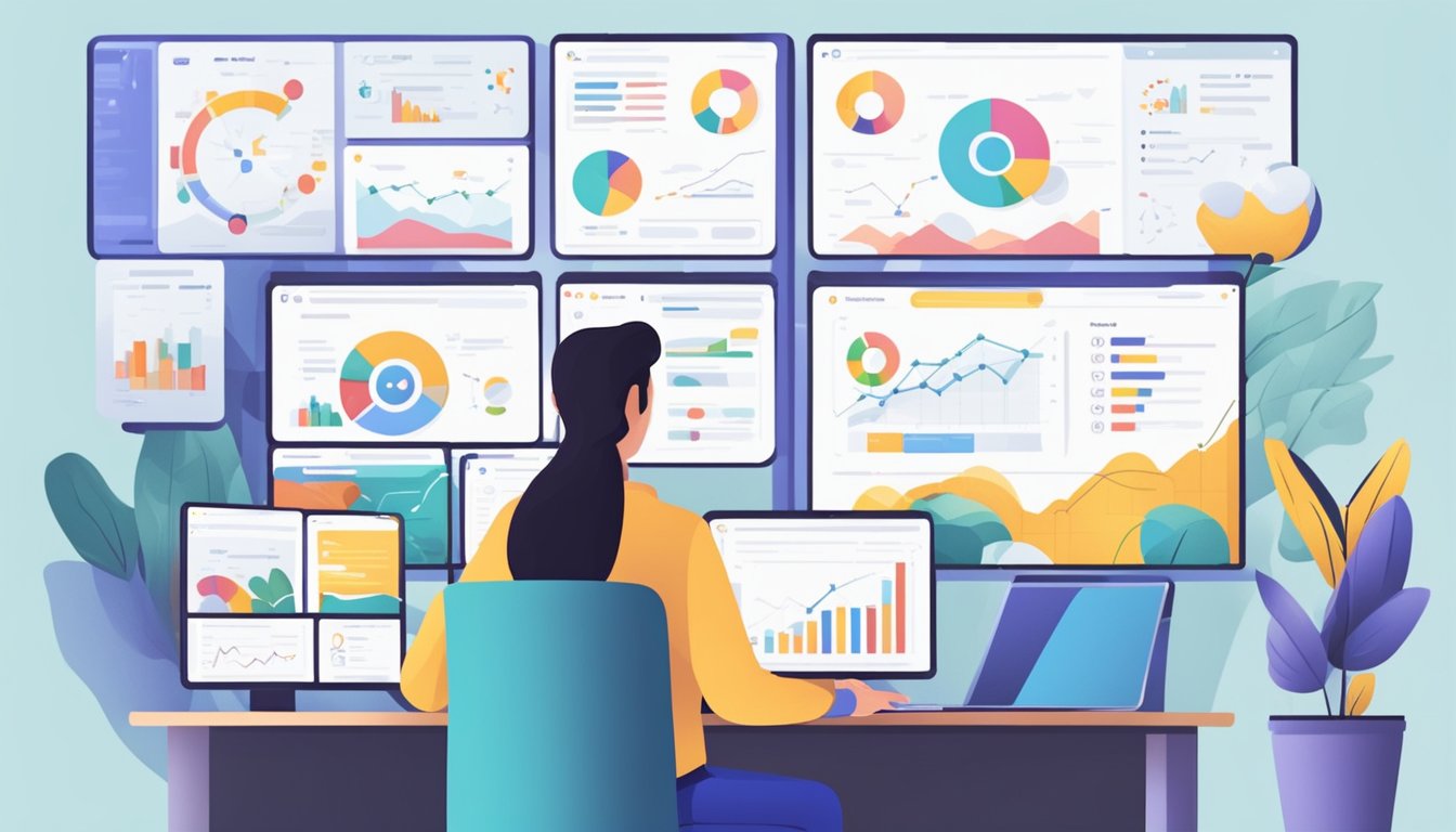 A person managing Google Ads, analyzing data and optimizing strategies. Multiple screens display graphs and charts. Busy and focused atmosphere