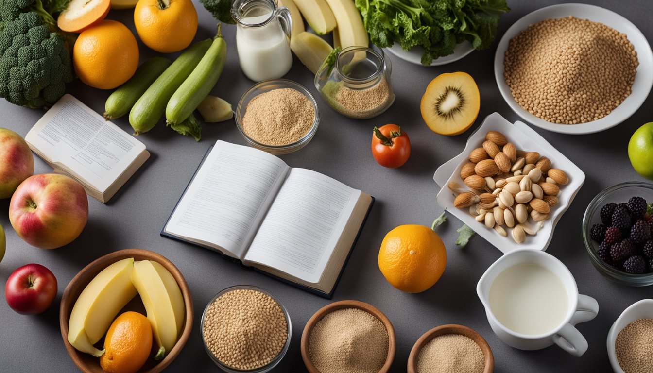 A table with various fruits, vegetables, and whole grains, alongside a scale and measuring cups. A book on nutritional science is open, with highlighted sections on weight loss diets