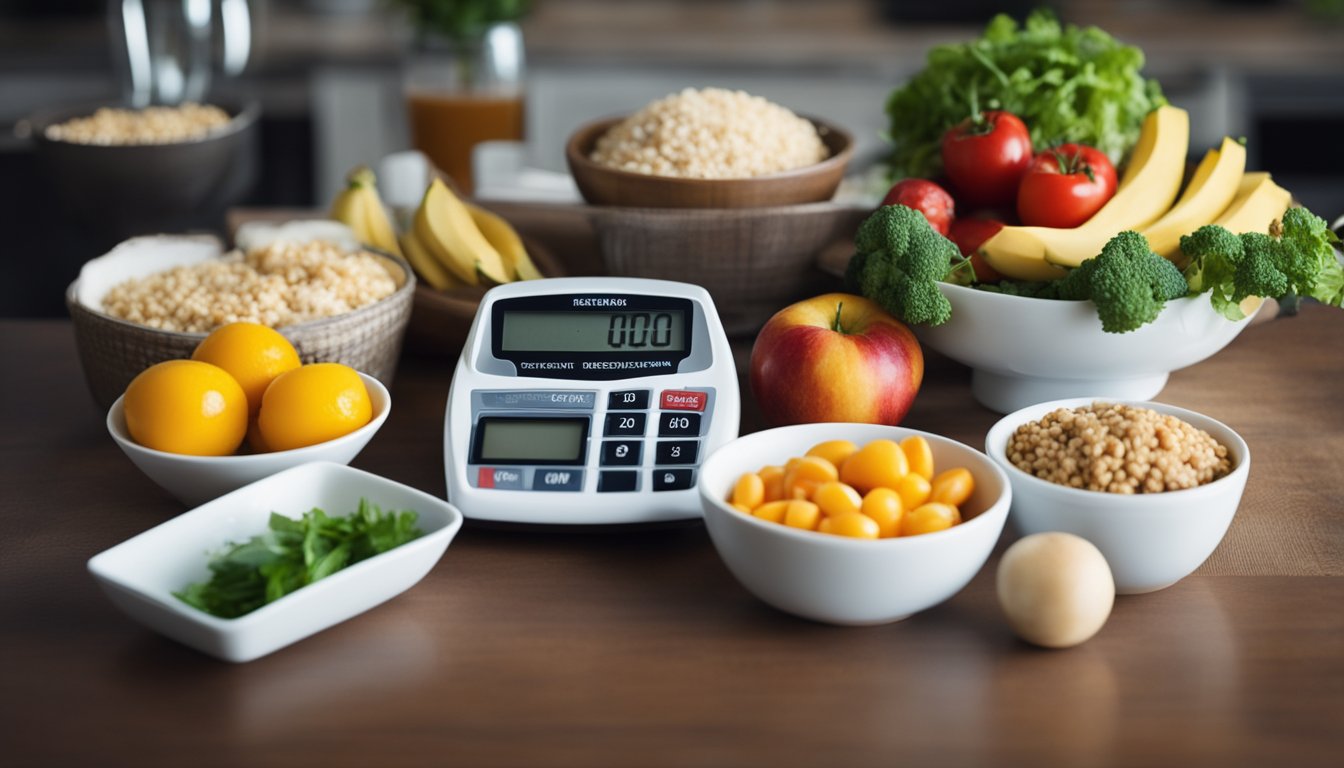 A table with various diet books, a scale, and healthy food options displayed