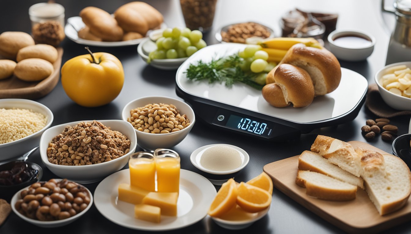 A table with various food items, a scale, and a chart showing weight loss progress