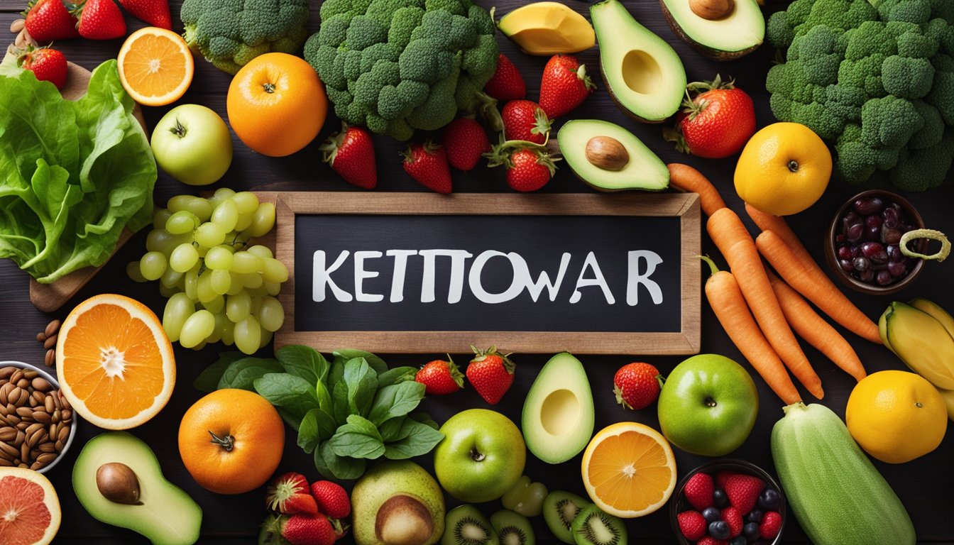 A colorful array of popular diet frameworks, including keto, paleo, and vegan, displayed on a table with vibrant fruits and vegetables surrounding them