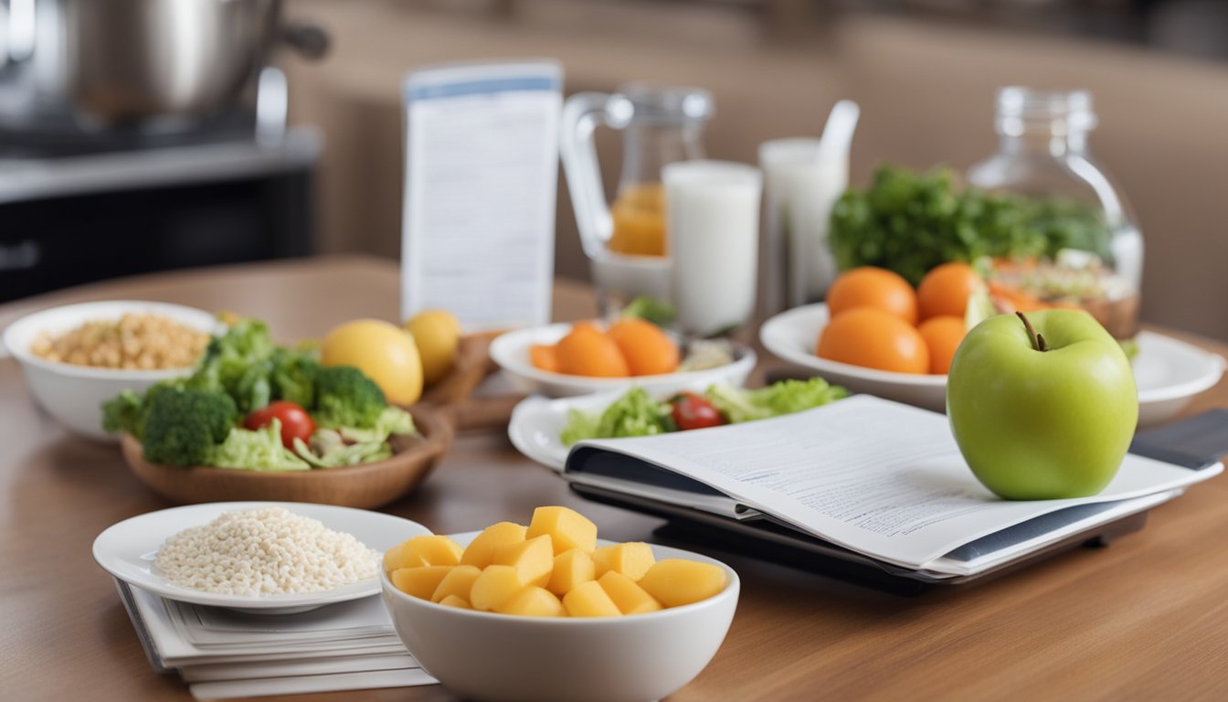 A table with various diet books, a scale, and a plate of healthy food. A person reading a nutrition label