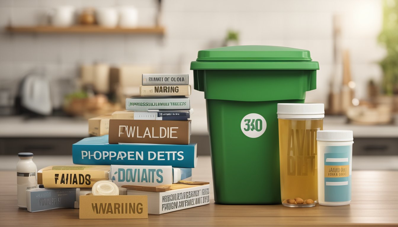 A pile of trendy diet books and supplements scattered around a trash can, with a warning sign "Avoid Fad Diets" in bold letters