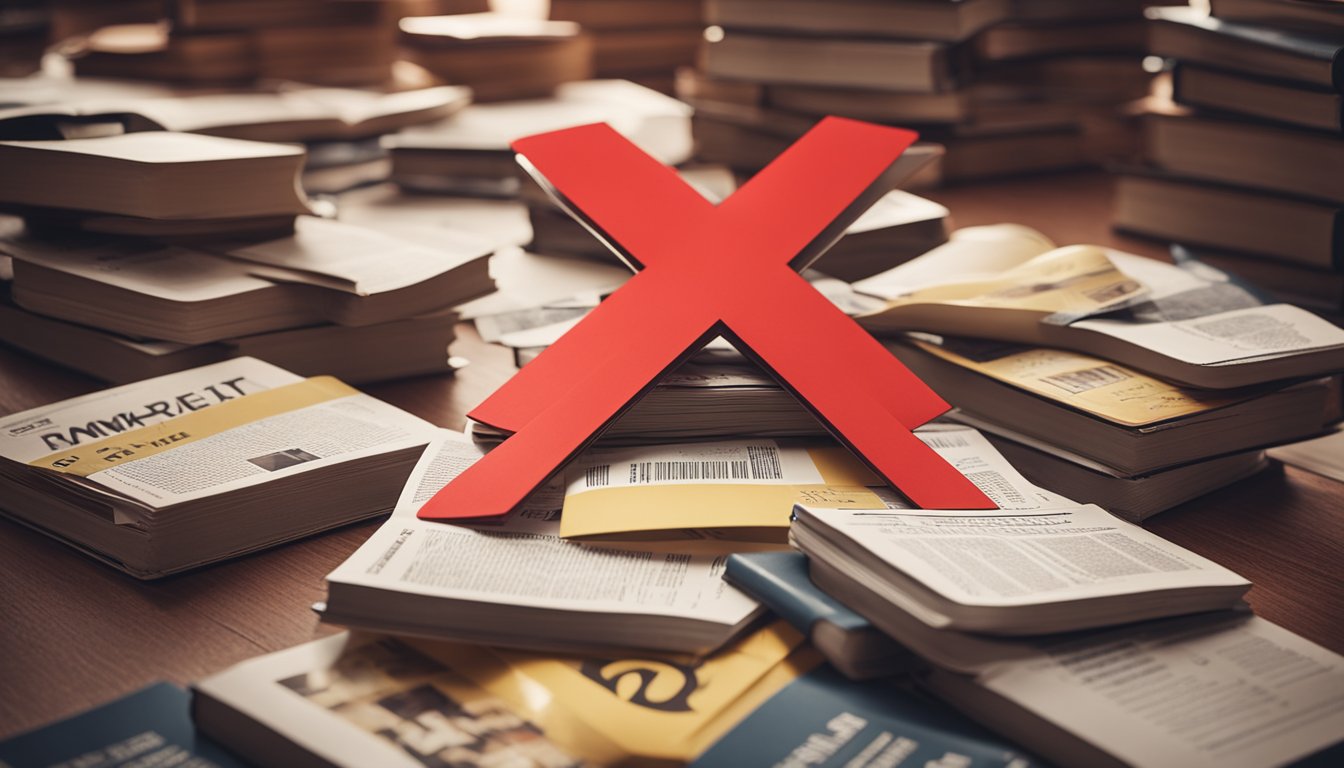 A pile of trendy diet books and pamphlets scattered on the floor, with a big red "X" drawn over each one