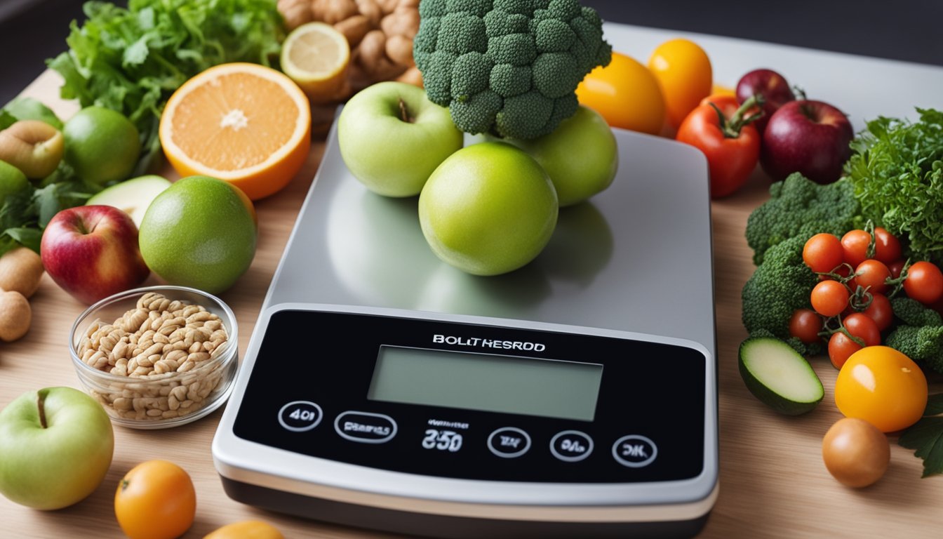 A scale surrounded by healthy food and exercise equipment