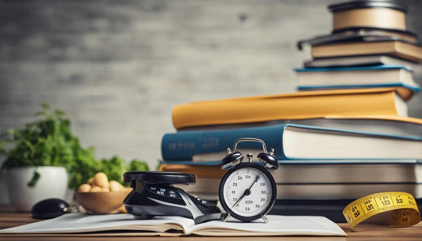 Various diet books and articles scattered on a table. Scales and measuring tape nearby. A person's before and after photos on the wall