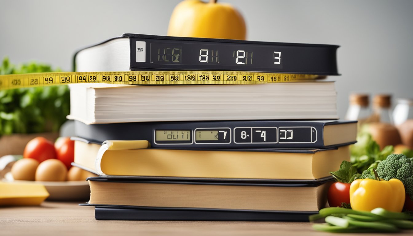 A stack of diet books surrounded by measuring tape and healthy food, with a scale in the background