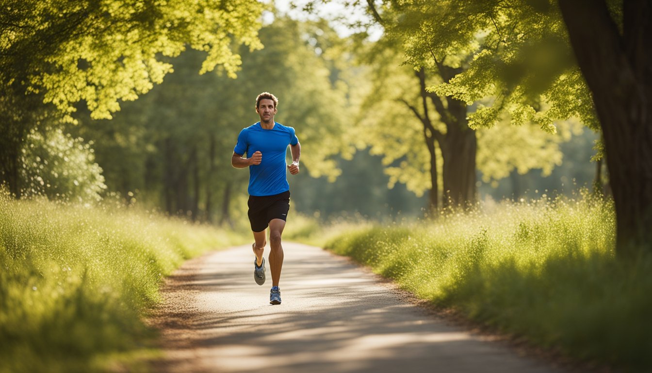 A person jogging on a path, with trees and a clear blue sky in the background, representing the positive effects of exercise on cholesterol and blood pressure