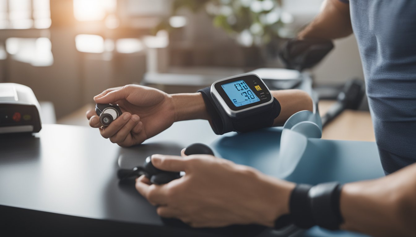 A person exercising with a blood pressure cuff and cholesterol test kit nearby