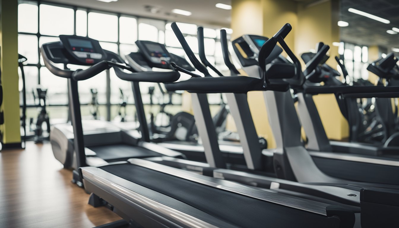 A row of exercise machines in a gym, with treadmills, stationary bikes, and ellipticals. Bright lights and mirrors reflect the space, creating a sense of activity and movement