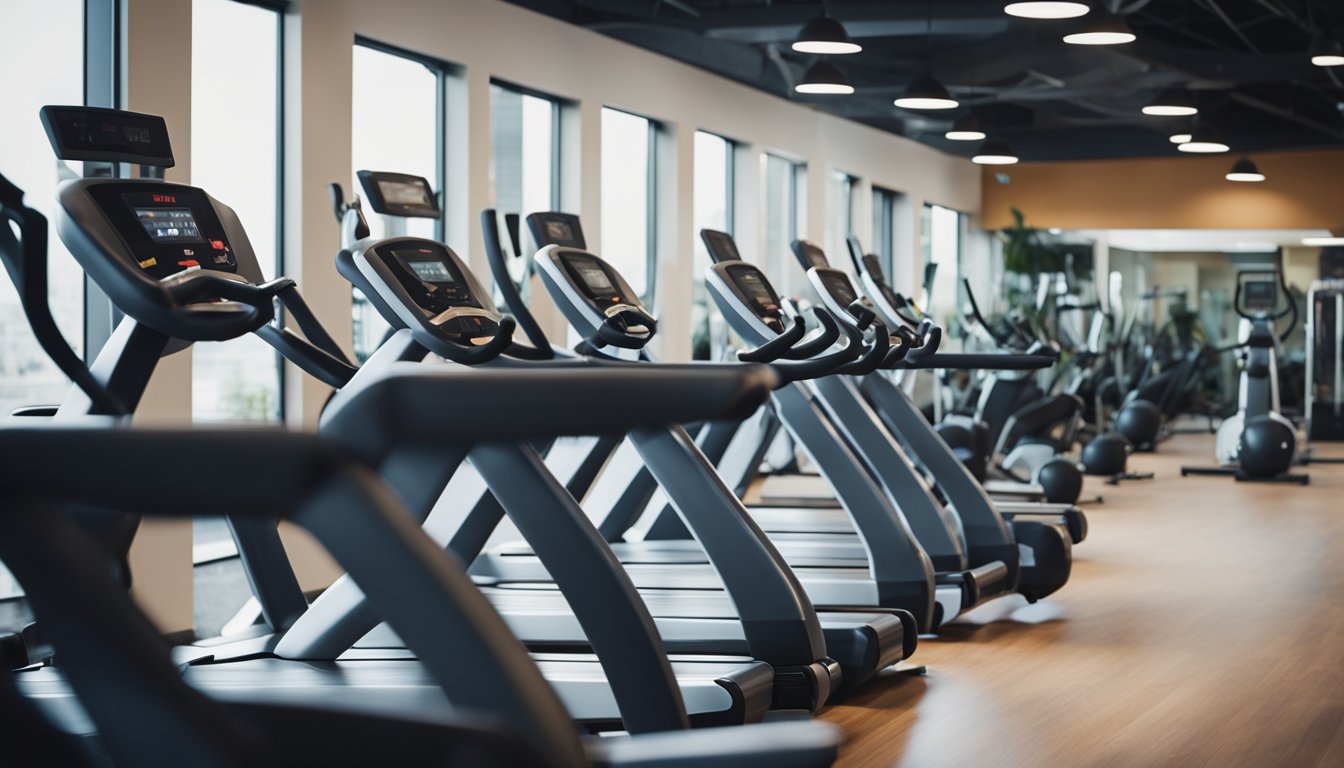 A gym filled with various exercise machines, with people using them. Signs and posters promoting weight loss benefits of the machines