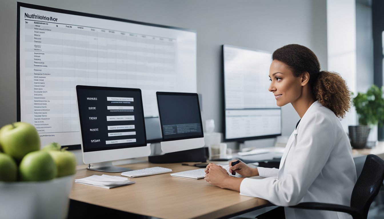 A nutritionist sits at a desk, reviewing meal plans and counseling materials. A whiteboard displays nutritional guidelines and food groups. The room is calm and professional