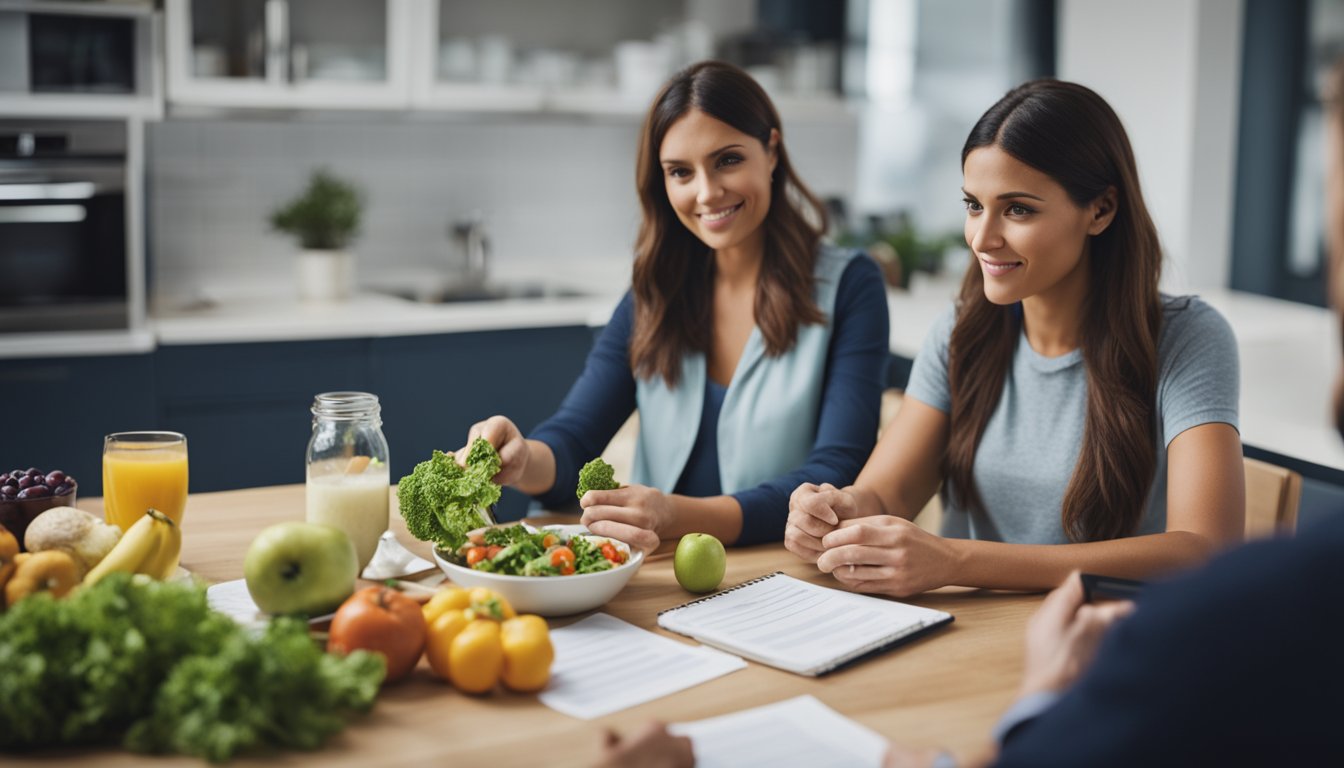 A nutritionist providing guidance and support to a client struggling with an eating disorder, discussing meal plans and healthy eating habits