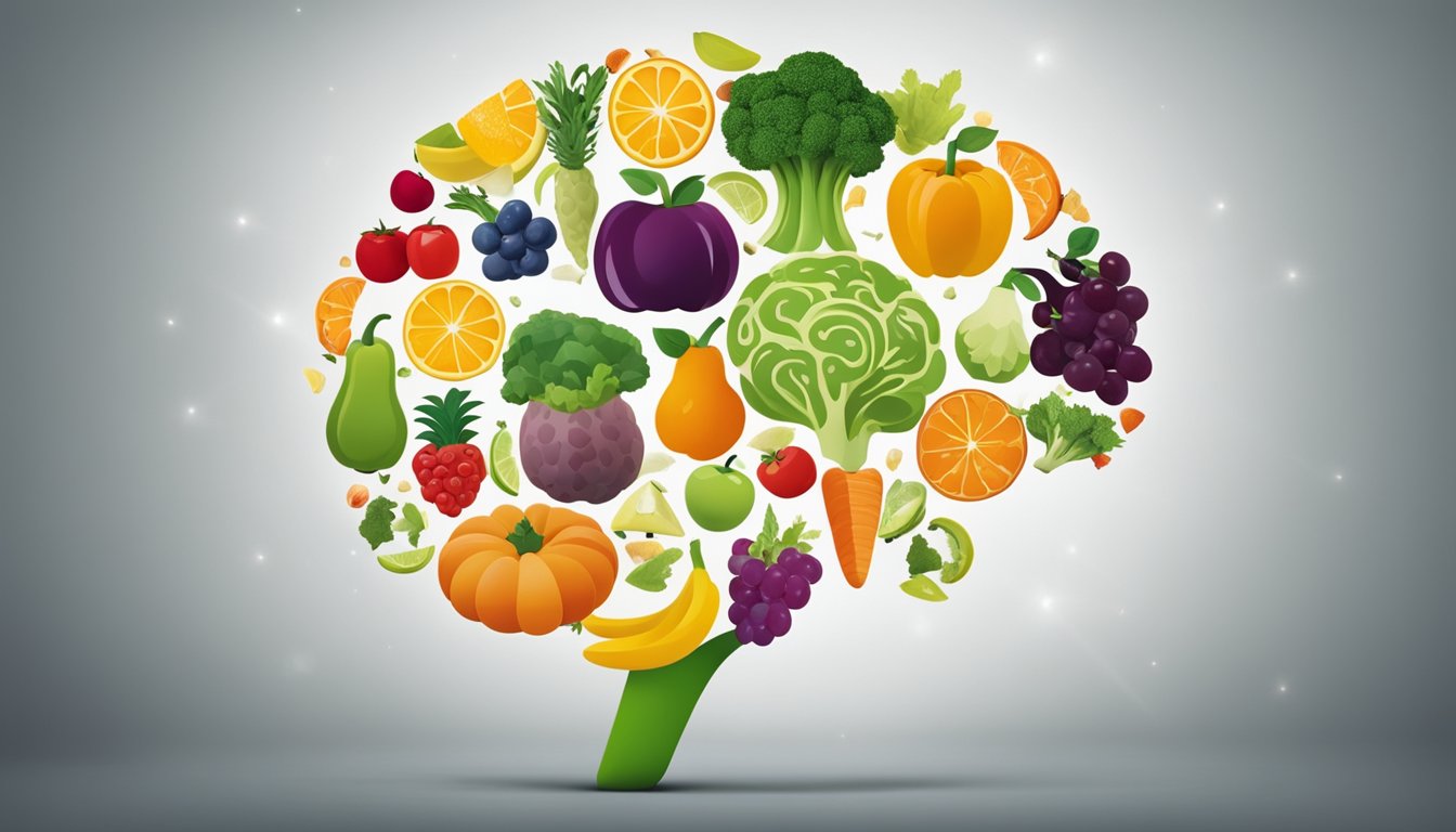 Colorful fruits and vegetables arranged around a brain, with arrows pointing from the food to the brain, depicting the impact of nutrition on mental health