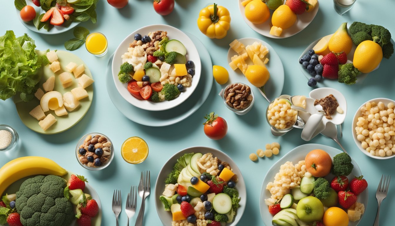 A table with a variety of healthy foods and a brain with a happy face, surrounded by question marks