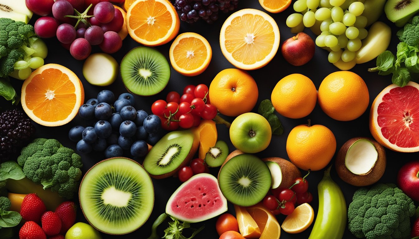 A colorful array of fruits and vegetables, surrounded by vitamin and mineral supplements, with a bright, glowing aura emanating from the center