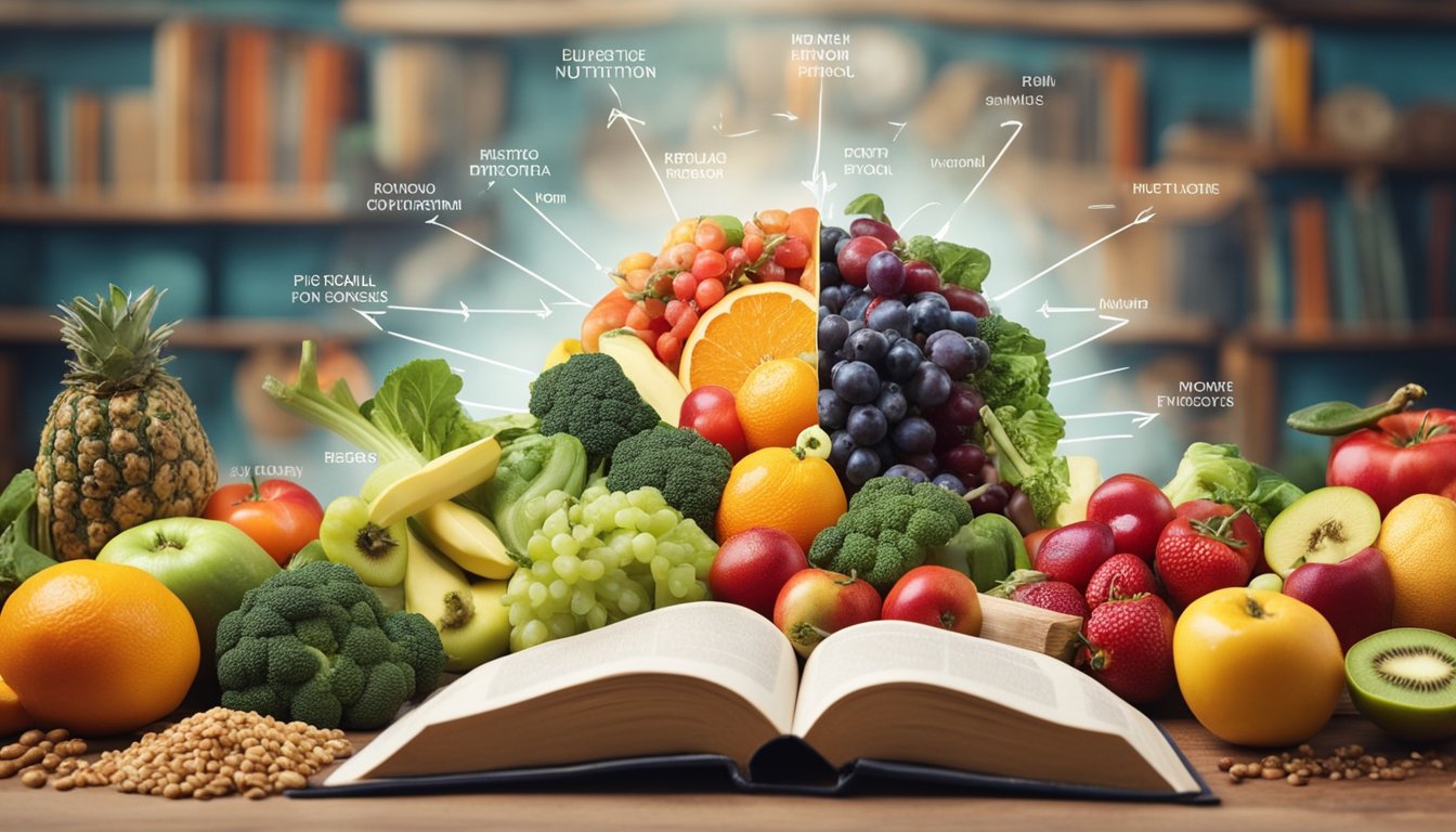 A table with colorful fruits, vegetables, and grains, surrounded by books and pencils. A brain with arrows pointing to it, indicating the link between nutrition and cognitive function