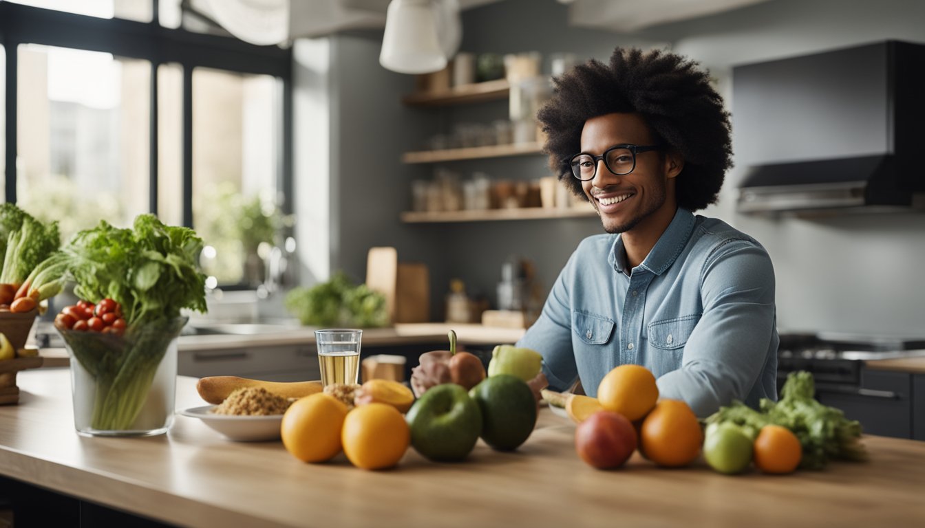 A well-stocked kitchen with fresh fruits, vegetables, and whole grains. A student studying at a desk with a balanced meal and a glass of water