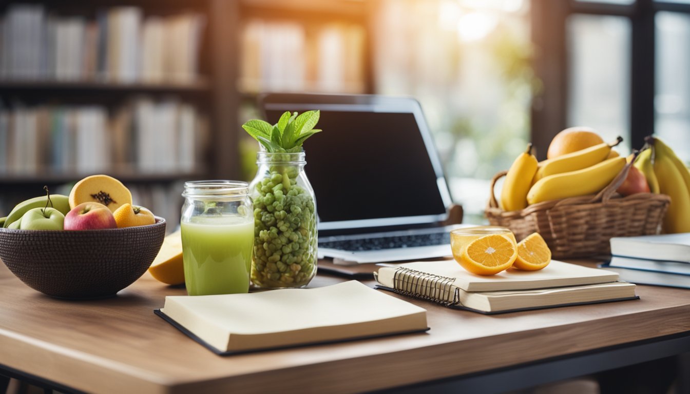 A student's desk with healthy food and textbooks, surrounded by energy-boosting snacks, water, and brain-boosting fruits