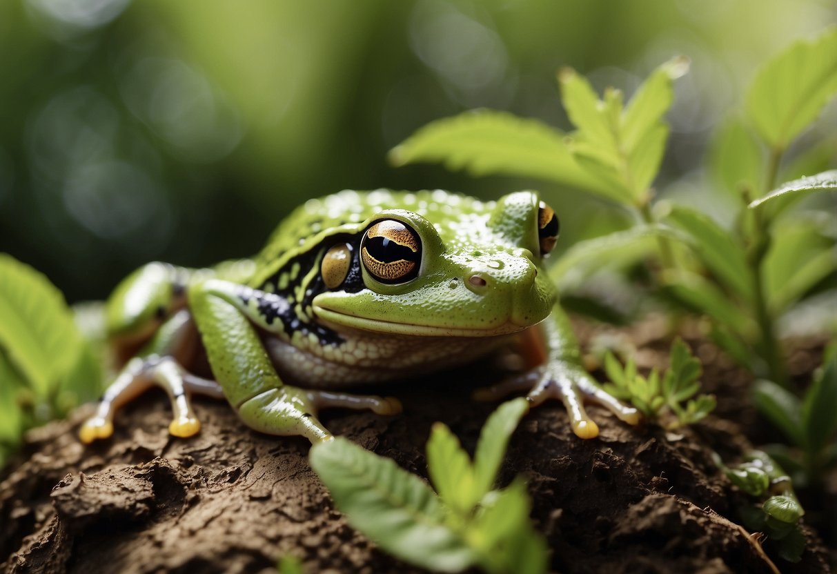 Frogs hop among lush plants, feasting on pests. Their croaks echo in the garden, contributing to a thriving ecosystem