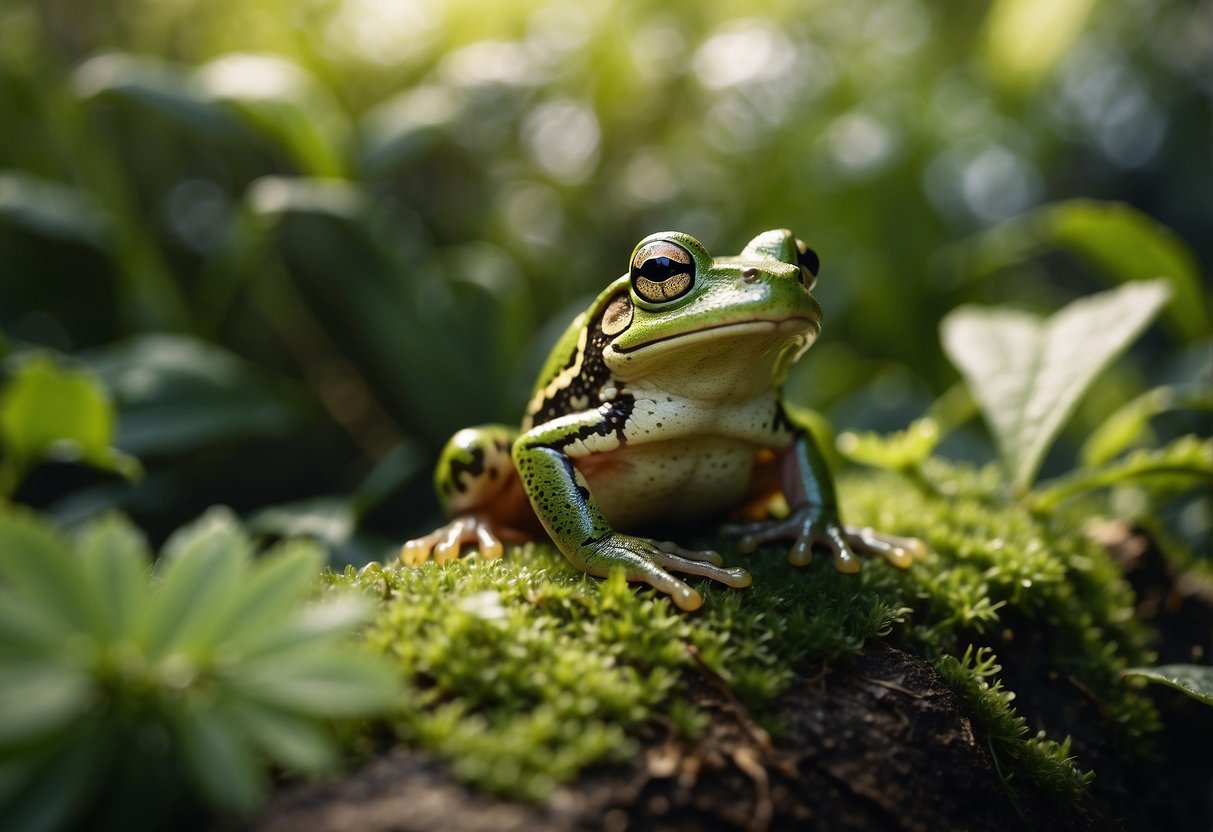 Frogs hop among lush plants, feasting on pests, while birds and insects buzz around. The garden is teeming with life, thanks to the helpful amphibians