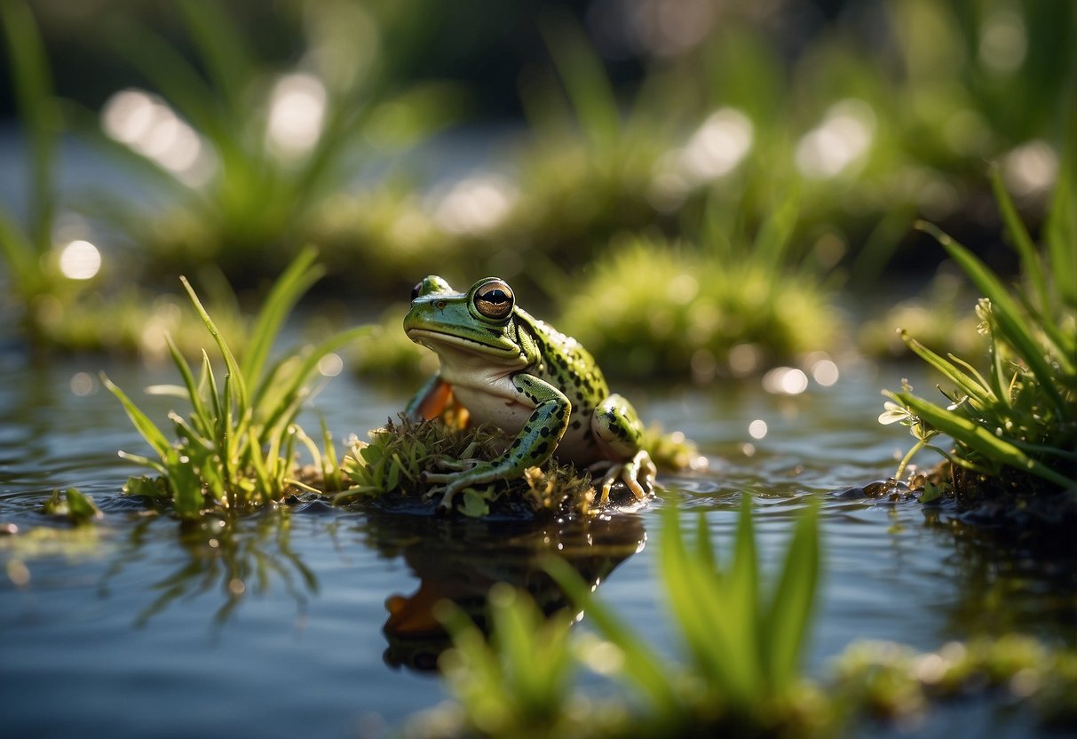 A lush, vibrant wetland teeming with diverse plant and animal life. Frogs are seen hopping among the vegetation, contributing to the delicate balance of the ecosystem
