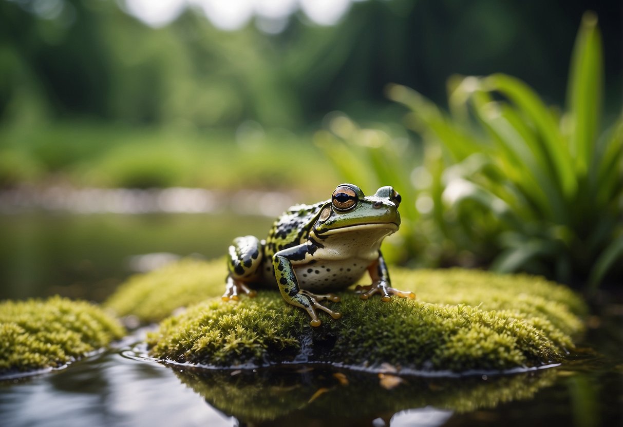 A lush, wetland habitat with diverse plant life, and a variety of frog species croaking and hopping among the vegetation