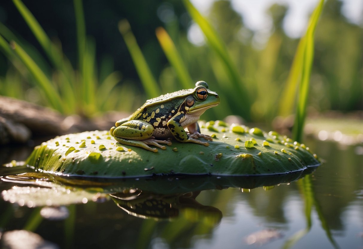 A lush, vibrant wetland teeming with diverse flora and fauna. Frogs of various sizes and colors are seen hopping among the reeds and lily pads, contributing to the rich biodiversity of the ecosystem