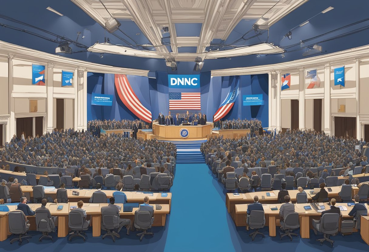 The DNC Caucus in 2024: A large, bustling room filled with delegates and officials, campaign posters and banners adorning the walls, and a podium at the center of the stage