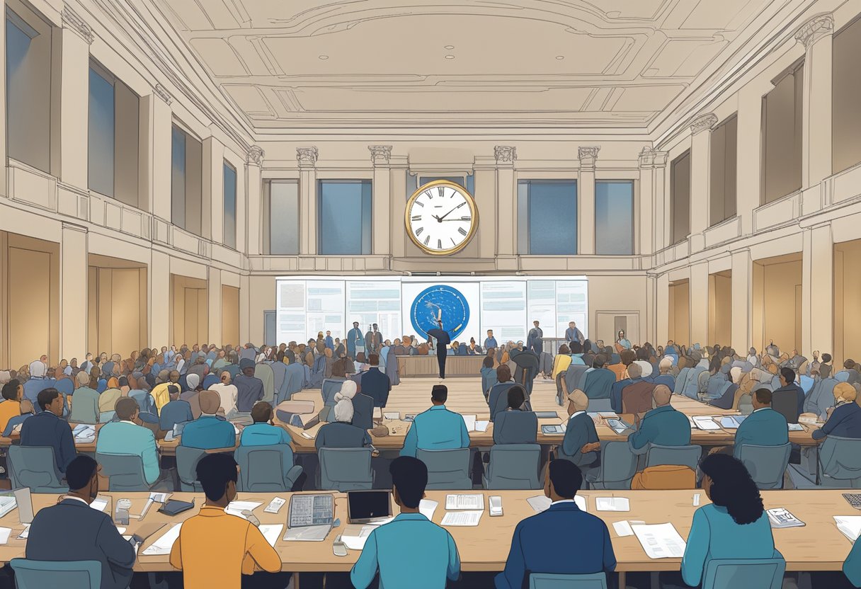 The 2024 DNC Caucus Timeline: A crowded room with people gathering around tables, discussing and voting on various political issues. A large clock on the wall displays the time of the caucus