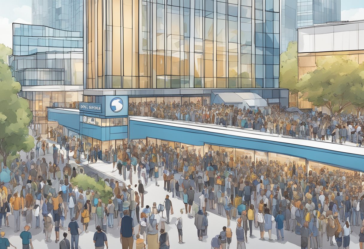 The scene is set in a bustling city, with a large convention center adorned with banners for the DNC Caucus 2024. A crowd of people is gathered outside, eagerly waiting to participate in the event