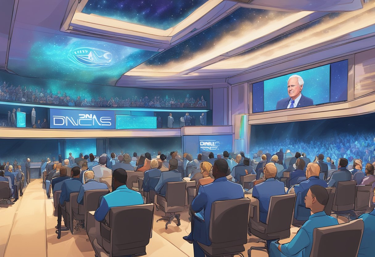 The DNC Caucus in 2024 is a bustling, futuristic gathering with holographic displays and advanced technology. The room is filled with energy as delegates discuss and vote on important party matters