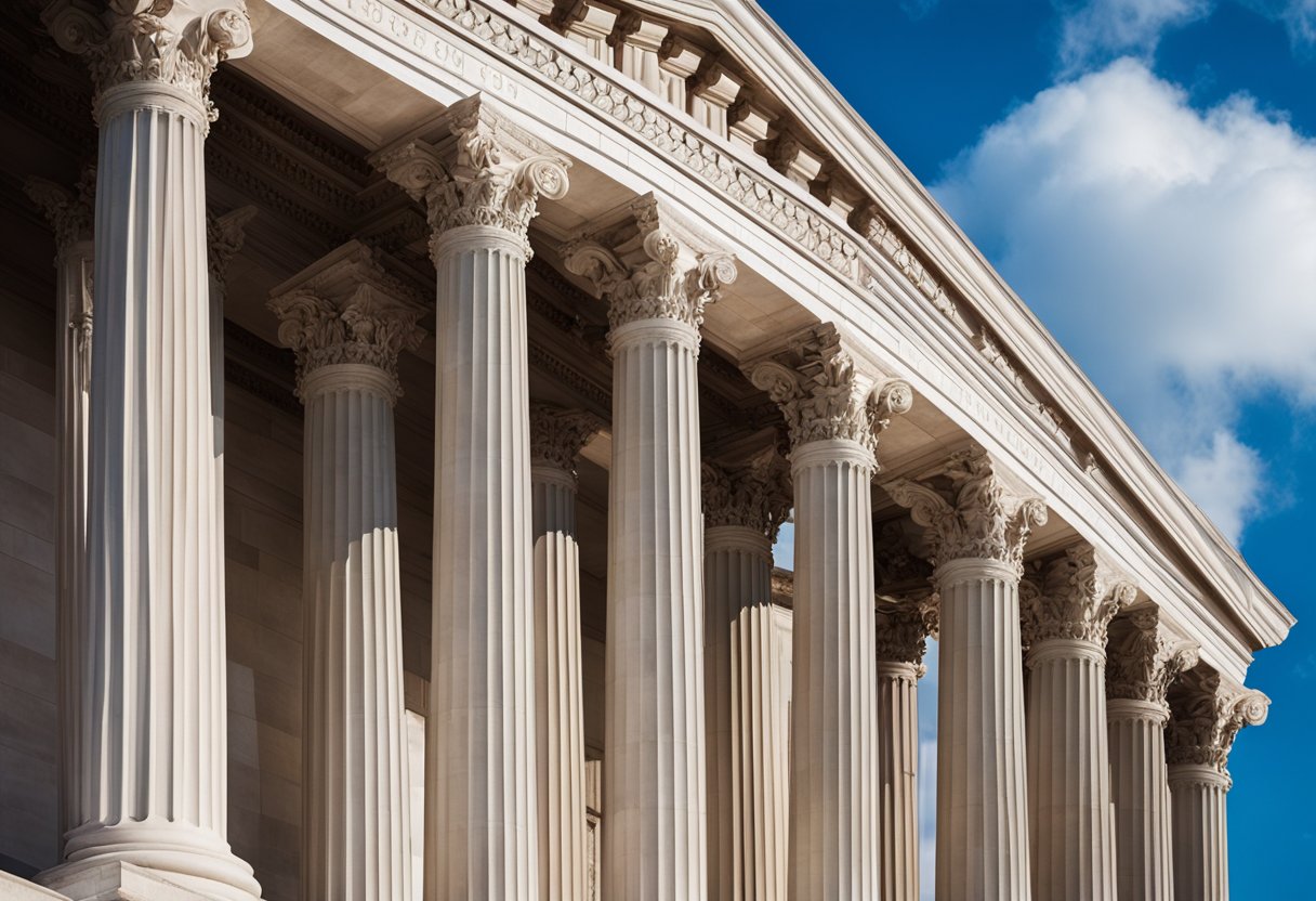 The Supreme Court building stands tall and majestic, with its neoclassical architecture and iconic columns, set against a blue sky