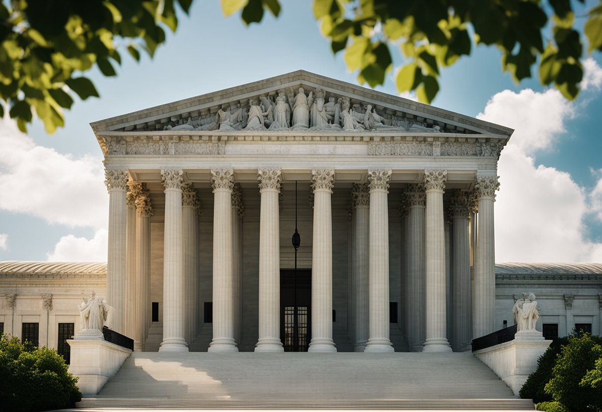 The Supreme Court building stands tall and majestic, surrounded by a lush green landscape. The neoclassical architecture exudes power and authority, with its grand columns and intricate details. The American flag flies proudly in the background, symbolizing justice and democracy