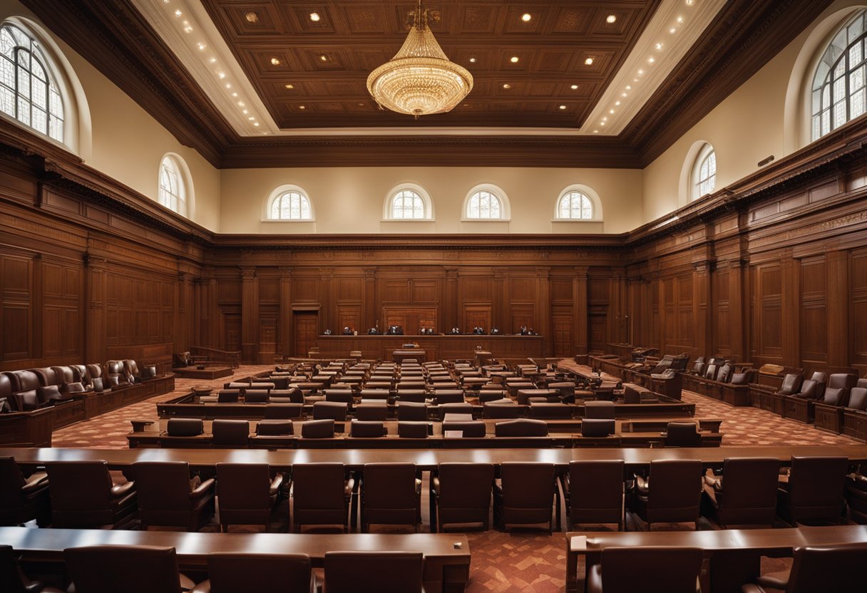 The Supreme Court chamber is filled with nine justices seated in high-backed chairs, facing the audience. The central podium stands empty, awaiting the next case