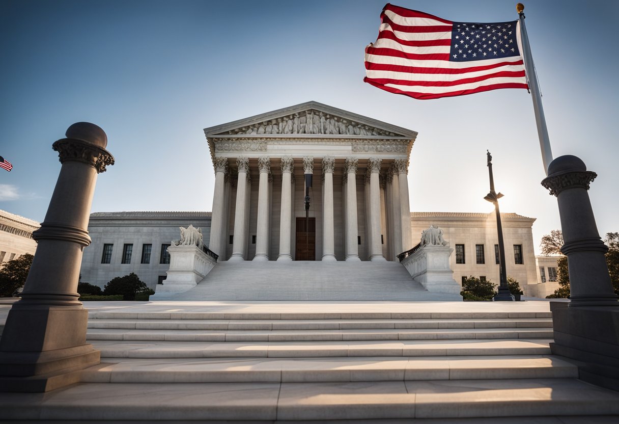 The Supreme Court building stands tall and majestic, flanked by columns and adorned with intricate architectural details. The American flag waves proudly in the background, symbolizing the court's authority and power