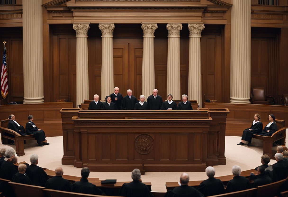 The Supreme Court chamber is filled with justices in their robes, seated behind a raised bench. Lawyers argue their cases at podiums while spectators observe from the gallery