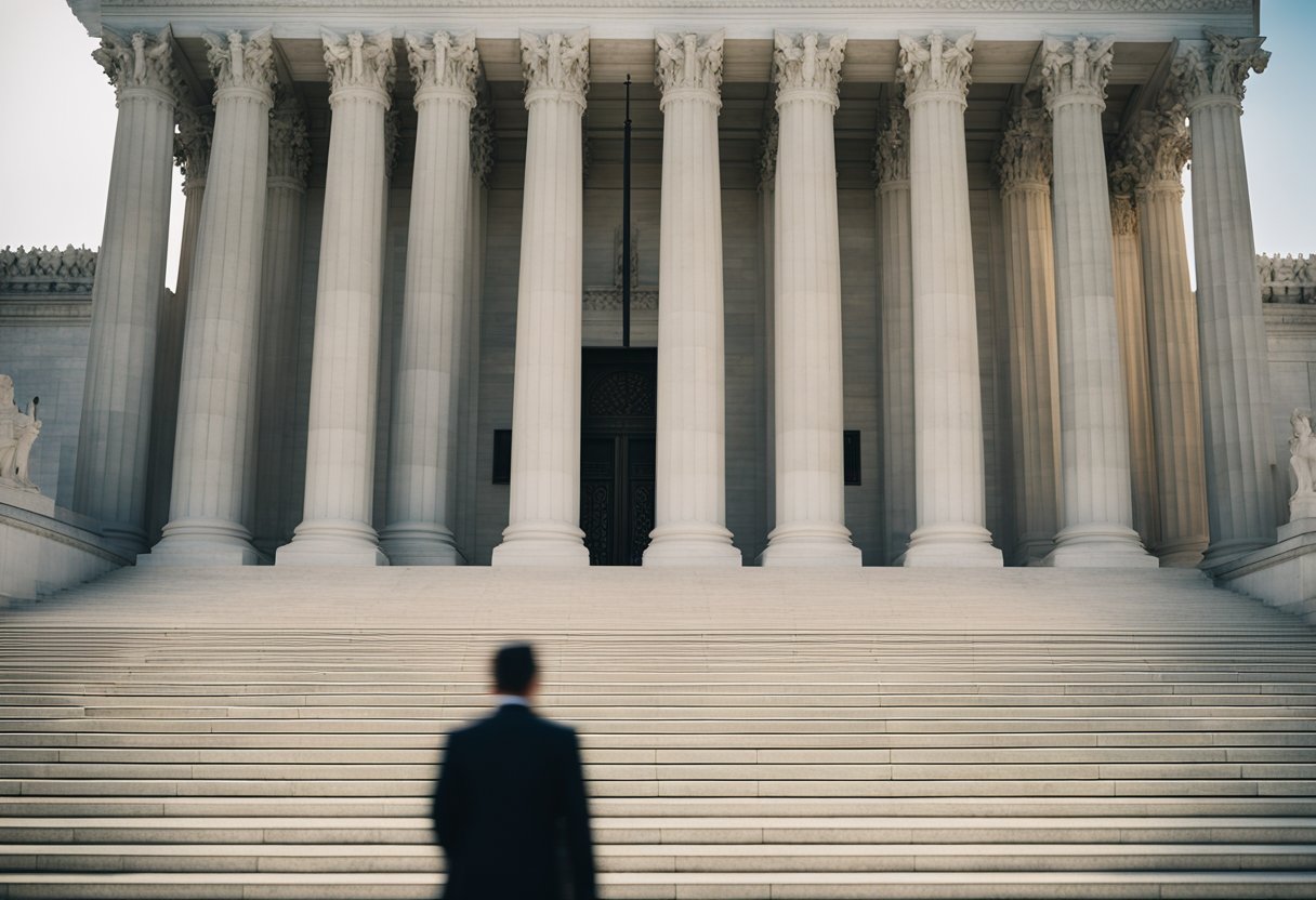 The Supreme Court building stands tall and majestic, flanked by columns, with the scales of justice engraved above the entrance