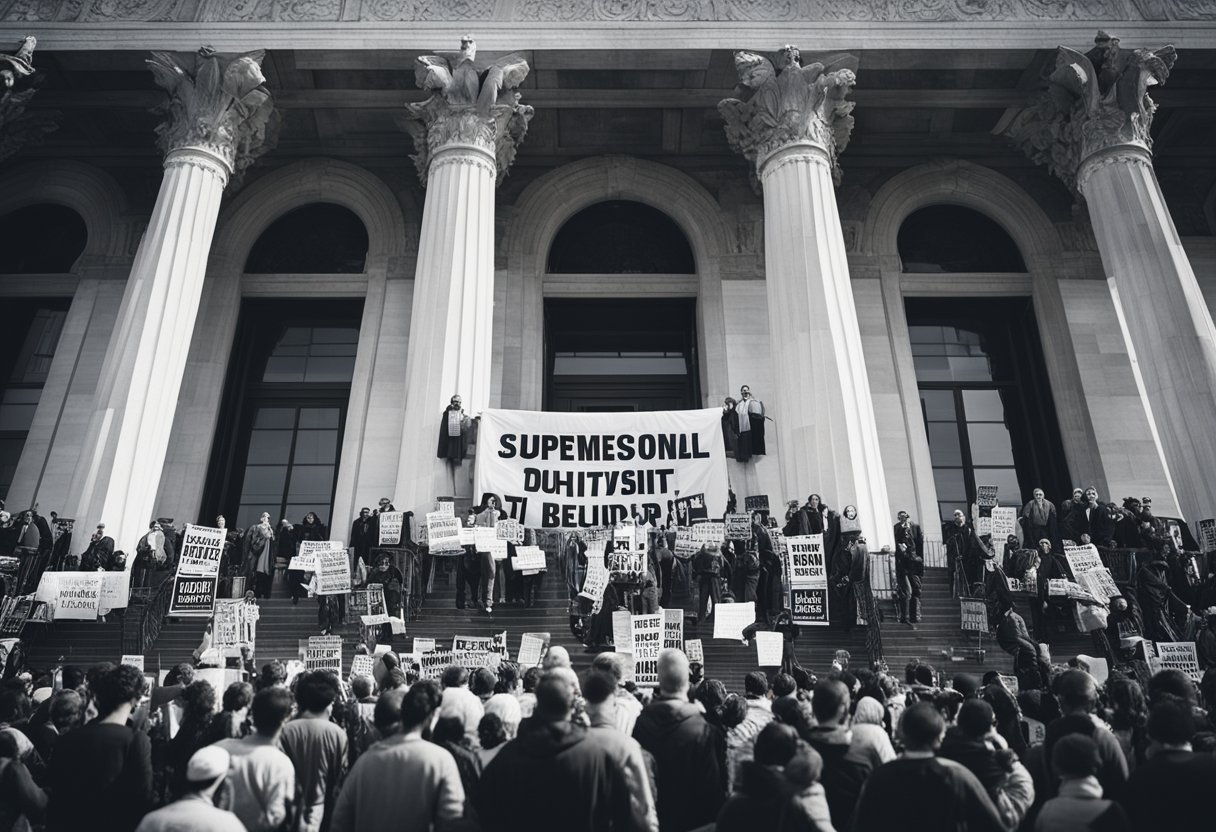 The Supreme Court building stands tall and imposing, surrounded by a crowd of onlookers and protesters, with signs and banners expressing both support and criticism