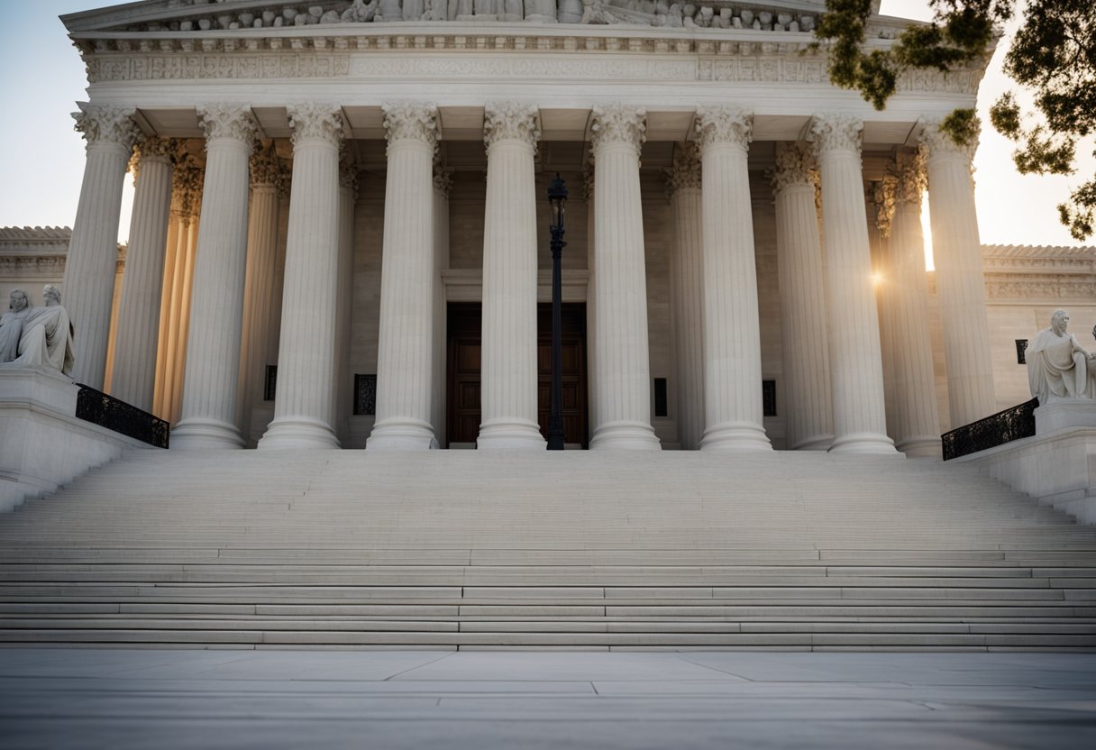 The Supreme Court of the United States stands tall and majestic, surrounded by other branches of government, symbolizing its relationship with them